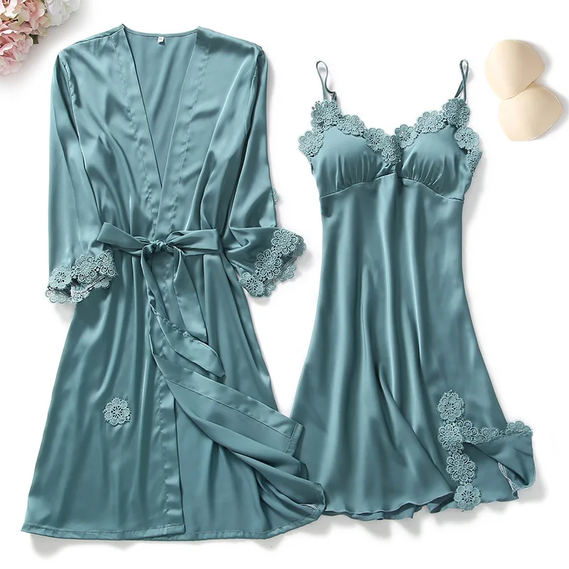 

Sleepwear Women Silk Lace Robe Dress Babydoll Sleepwear Nightdress Pajamas Set faux Silk Nightgown Dress robe sets