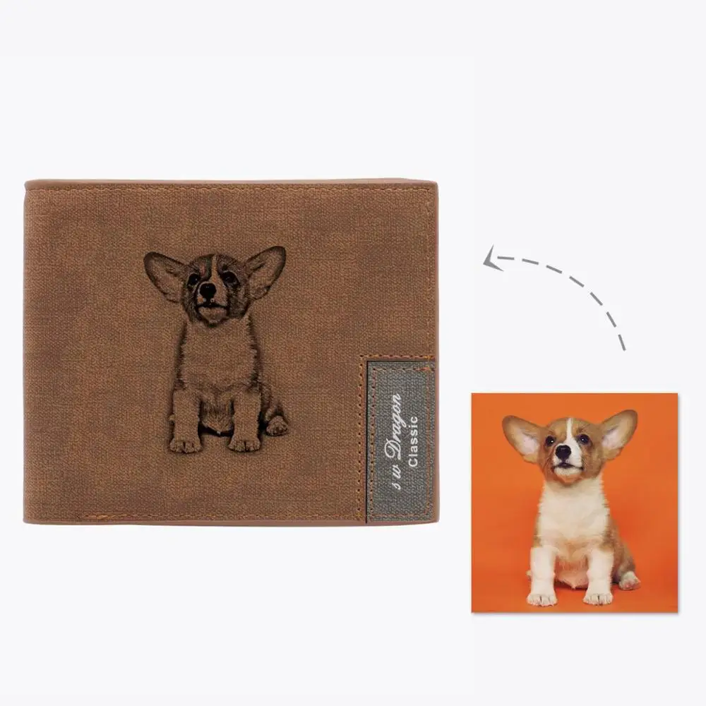 Fabric Brown Изготовленный На Заказ кошелек из искусственной кожи для домашних животных, кошек, собак, семьи, фото, мужской кошелек-сумочка выгравированное имя, короткий кошелек, лучший подарок на праздник - Цвет: Fabric Brown