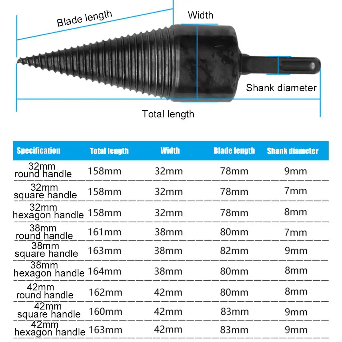 

32/42mm Firewood Splitter Machine Drill Bit Round/Hex/Triangle Shank Wood Cone Reamer Punch Driver Drill Bit Split Drilling Tool