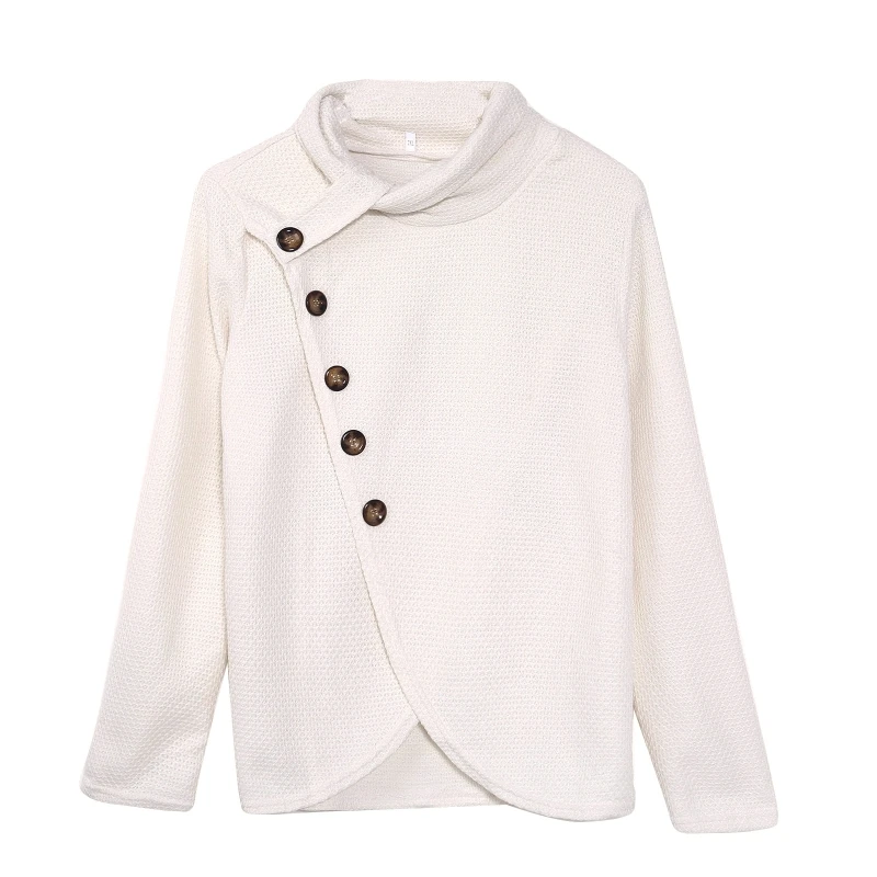 

Long Sleeve Pullover Tops Turtleneck Oblique Buttons Waffle Knitted Sweater M89E