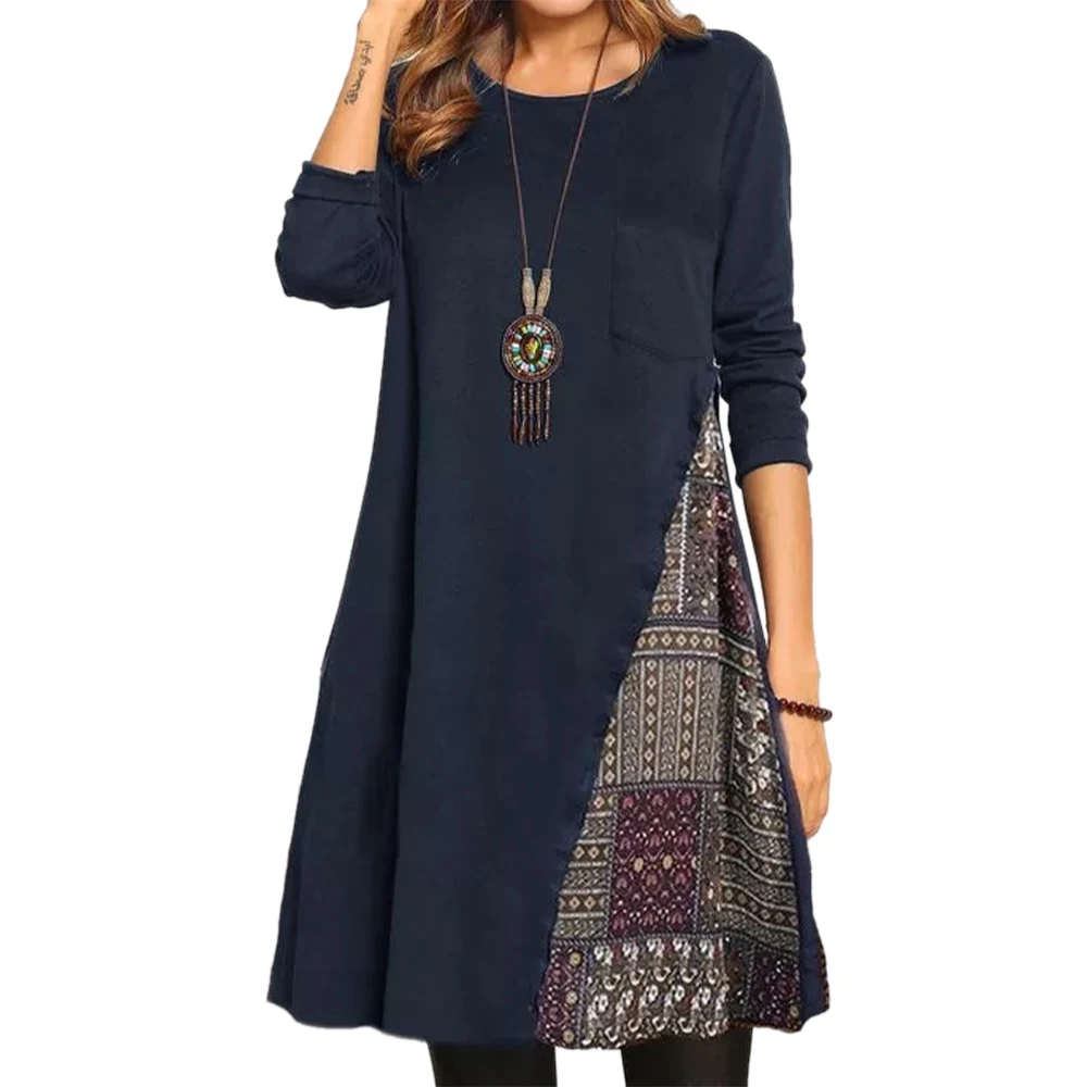 

Cofekate Woman Dress Women Patchwork Retro vestidos de mujer Casual Oversize Female Long Sleeve Printed Loose Dress Vintage