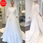 Свадебное платье с рукавом три четверти, 2020 г., Meghan Markle Style, вырез лодочкой, пуговицы сзади, ТРАПЕЦИЕВИДНОЕ свадебное платье, белое атласное платье