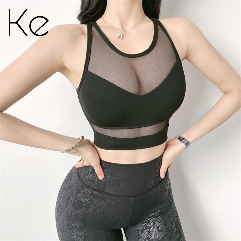 

Новинка, сетчатый бюстгальтер KE для йоги с накладкой на грудь, противоударный женский летний бюстгальтер для бега, фитнеса