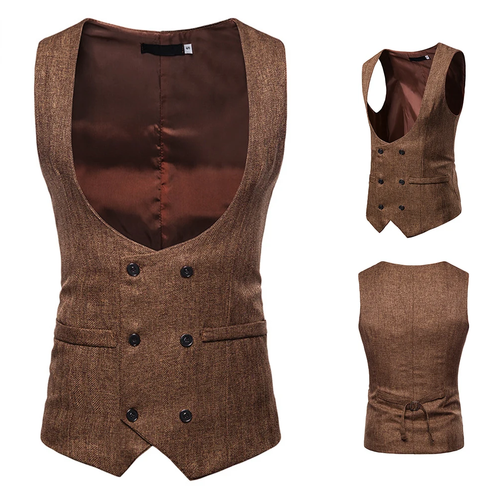 

Sleeveless Slim Fit Casual Autumn Winter U Collar Business Suit Vest Double Row Button Solid Men