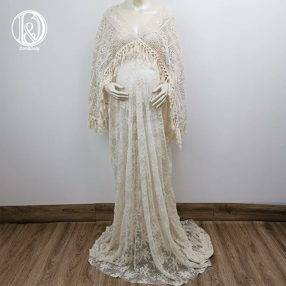 Don&Judy Beige Vintage Cotton Boho Maternity Dress Pregnancy Photography Gown Bohemia Maxi Women Clothing Photo Shoot Session