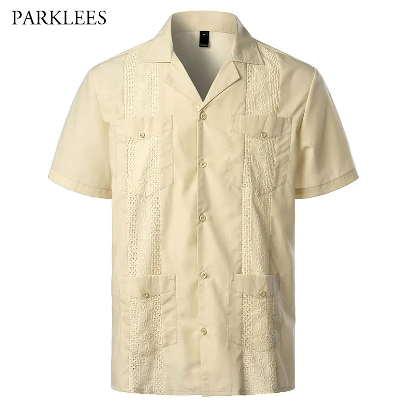 

Embroidery Floral Solid Summer Mens Shirt Casual Lapel Button Short Sleeve Shirts for Men Cuban Camp Guayabera Chemise Homme 2XL