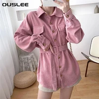 ouslee women shirt jacket spring solid corduroy batwing sleeve with belt turn down collar long outwear female casual tops