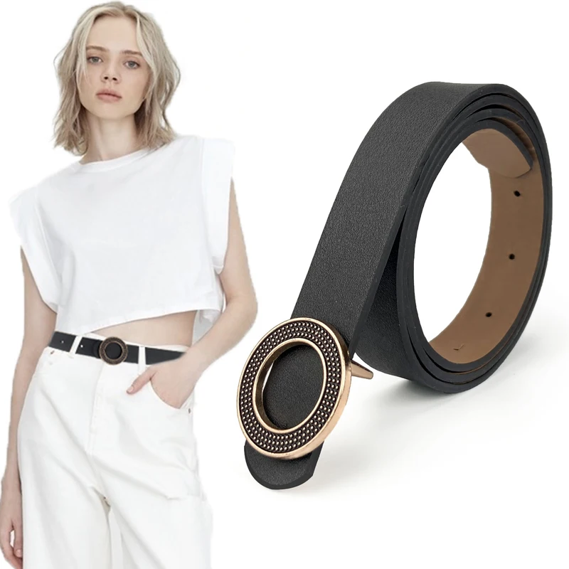 

Fashion Women PU Leather Belt Alloy Hasp Belts For Ladies Designer Removable All-Match Round Buckle Belts For Jeans Waistband