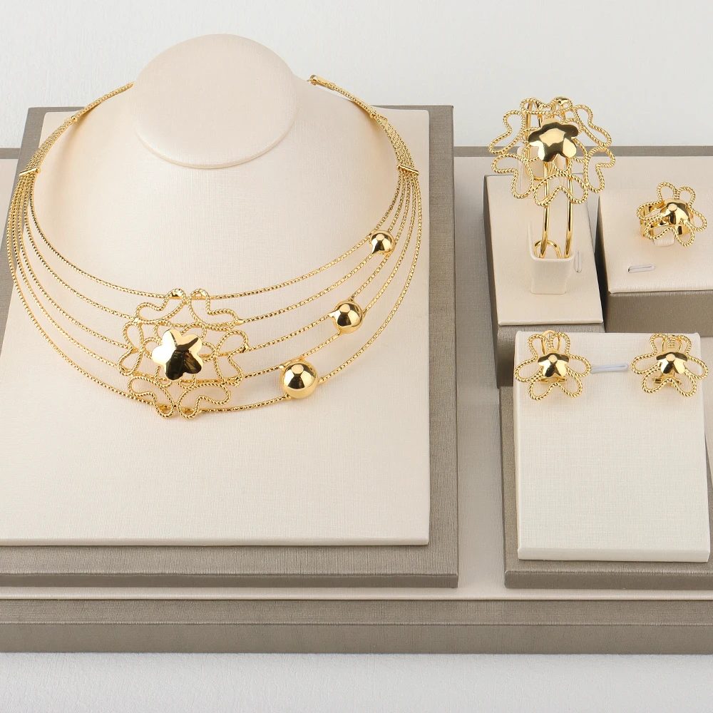 

Bohemia African Flower Jewelry Set Gold Plated Necklace Earrings Bracelet Ring Jewelry for Dubai Bridal Weddings Accessory Sets