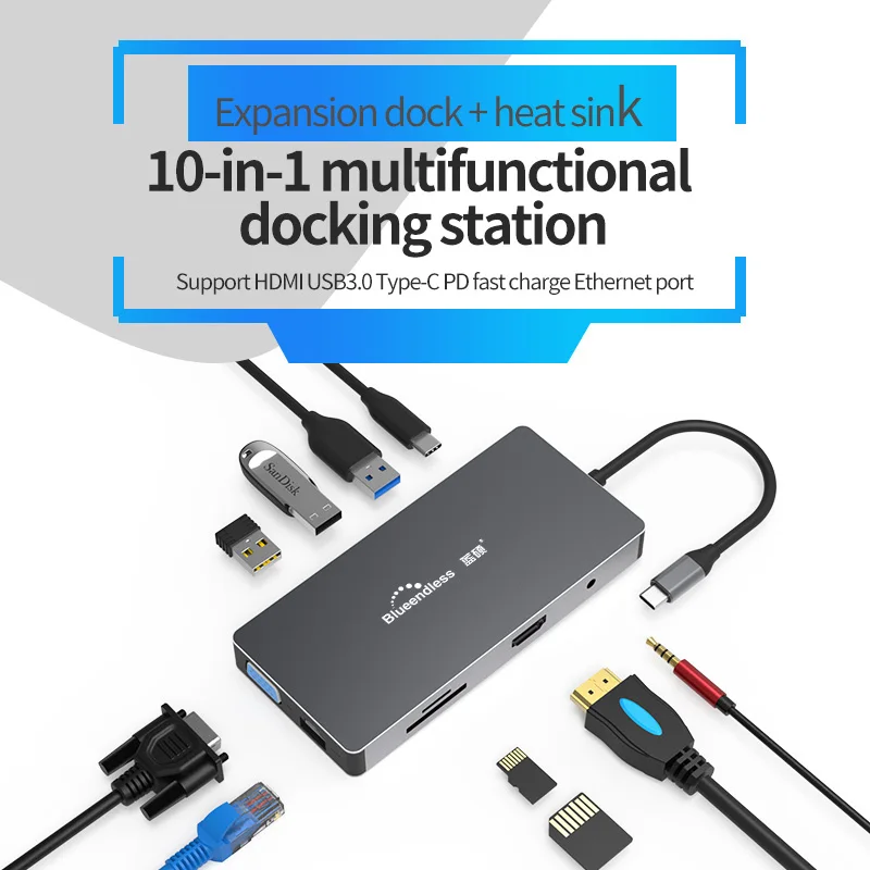 9 в 1 type C USB C док-станция для ноутбука USB 3,0 HDMI RJ45 Gigabit PD Fealushon для MacBook samsung type C док-станция usb-хаб - Цвет: 10 In 1