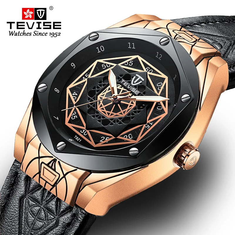 Switzerland Tevise роскошный автоматические механические мужские часы модный кожаный