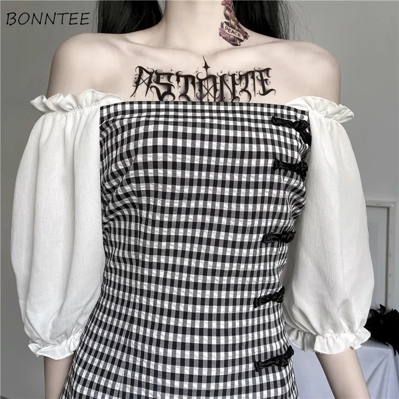 Платье для женщин в винтажном стиле Цвет Черный В клетку Chic Slash шеи Элегантное