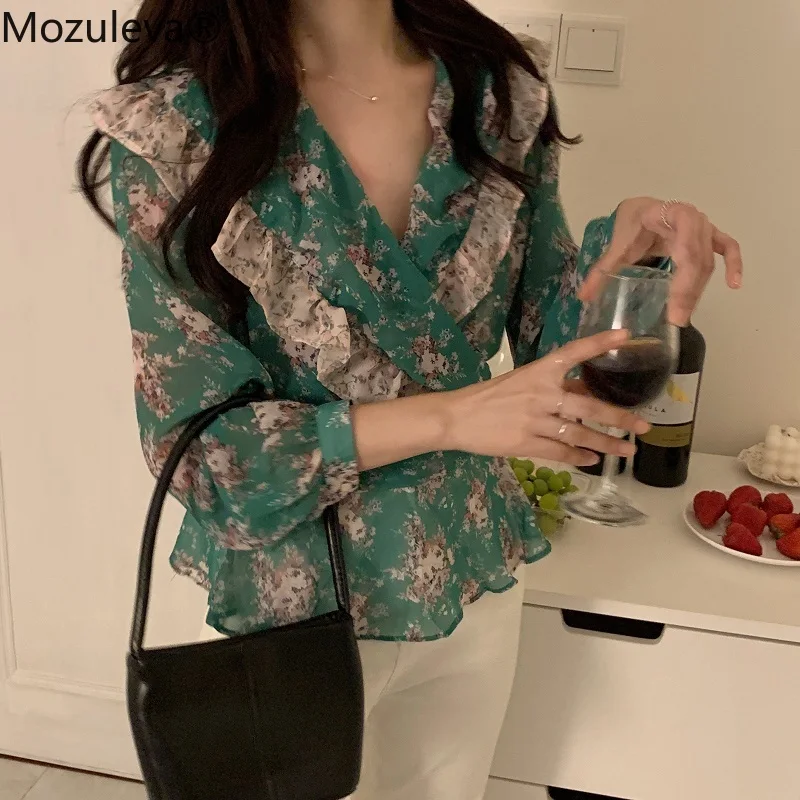 Женская шифоновая блузка с V-образным вырезом цветочным принтом | одежда