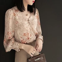 women spring autumn style chiffon loose blouses shirts lady casual v neck long sleeve red black beige blusas tops dd0006