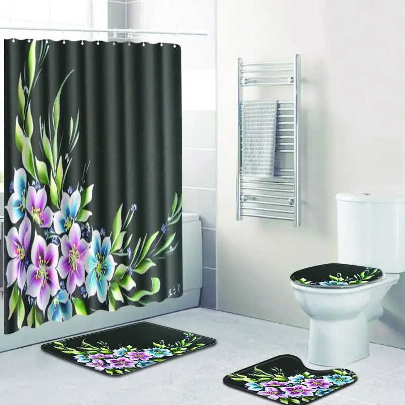 Zeegle Bath Mat with Shower Curtain Set Pedestal Rug Toilet Seat Cover Anti-slip Bathroom Foot Decoration | Дом и сад