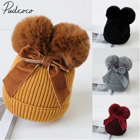 

Brand New Newborn Baby Kids Girls Boys Winter Warm Knit Hat Furry Balls Pompom Bow Solid Warm Cute Lovely Beanie Cap Gifts
