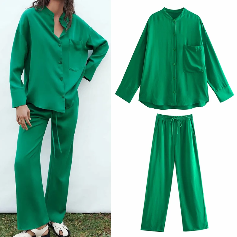 

WXWT 2021 Women Green Casual Sets Pocket Decorate Oversized Shirt Pants Sets Solid Top and Pants Suits OZZ1042