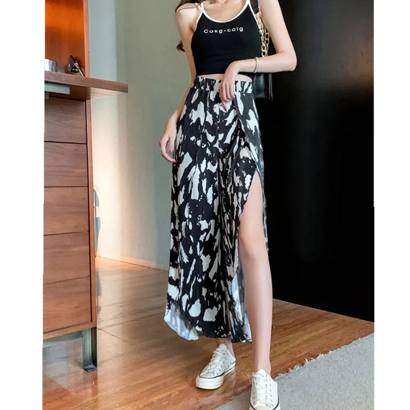 

2021 summer new style Korean fashion split wide leg pants women high waist slimming tie-dye pleated women's trousers nine minute