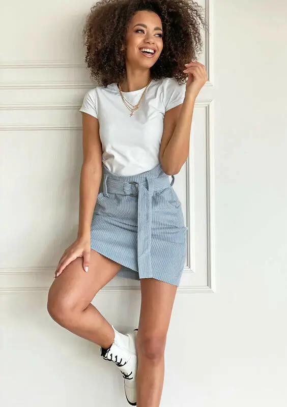 

A-Line Skirts 2020 Women Mini Skirt Female Formal Officewear Blue High Waist Fleece Vintage Mini Skirts Belt