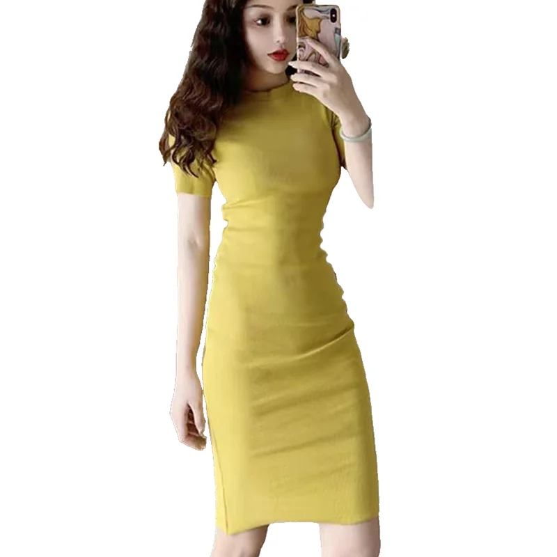 

Buttock Dress Short Sleeve Solid Elegant Retro A-line Slim O-neck Ladies Korean Style All-match Leisure High Elasticity Trendy