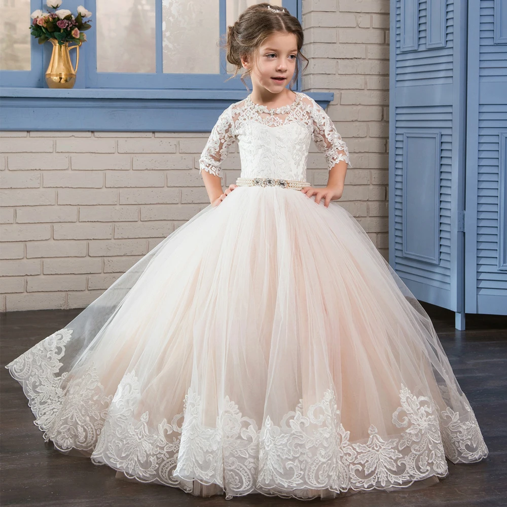 Cute Ivory Lace Short sleeves Flower Girls Dresses For Wedding Ball Gowns Halter Keyhole Back Ruched Little Prom Kids | Свадьбы и