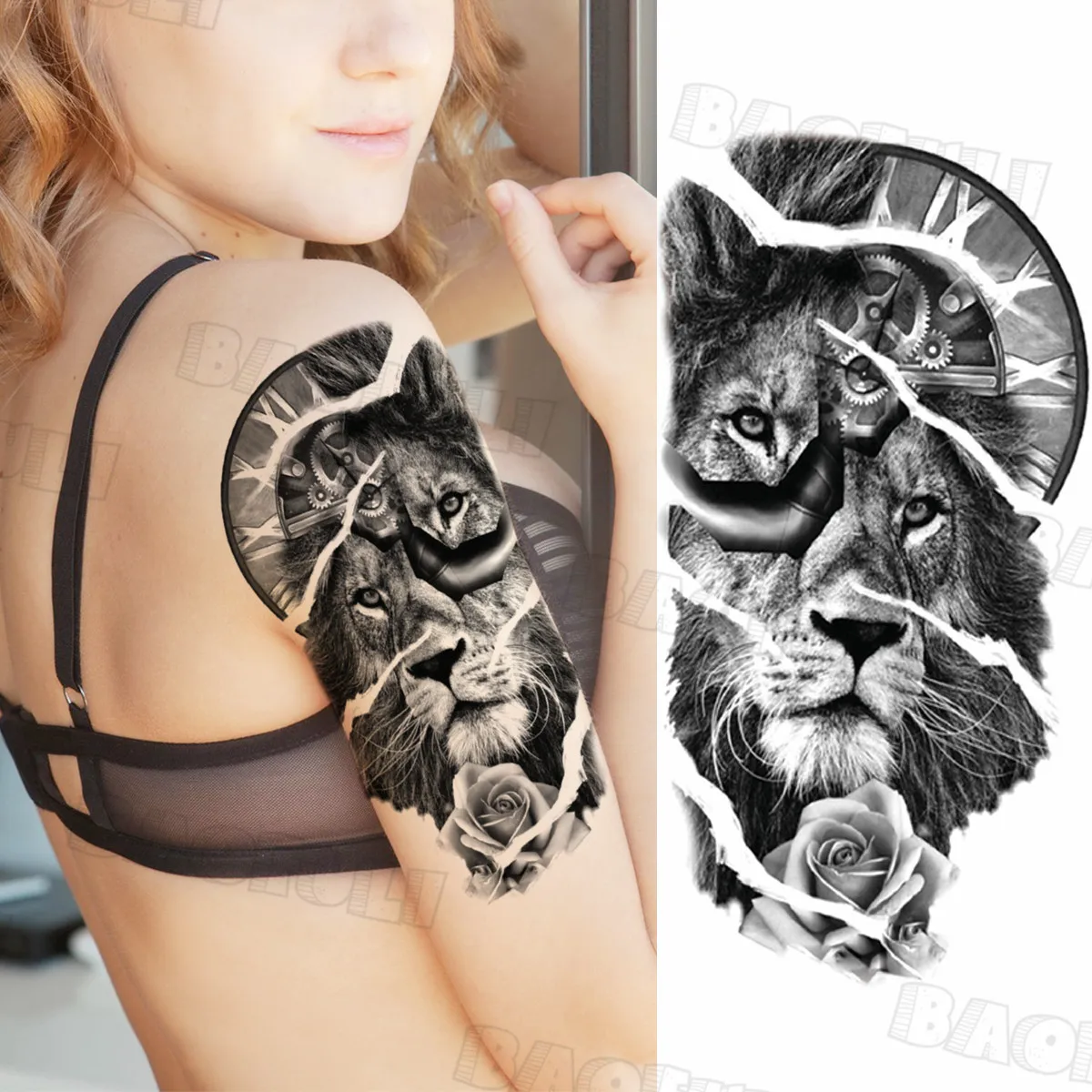 Rose Lion Crown Temporary Tattoos For Women Men Geometric Rose Flower Skull Realistic Fake Tattoo Custom Washable Tatoos Armband images - 6