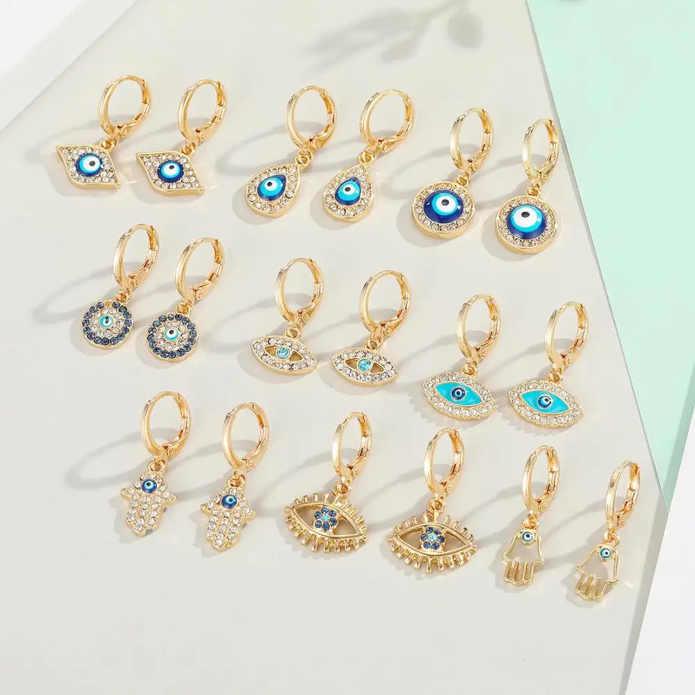 

1Pair New Crystal Turkish Evil Eye Hand Hamsa Hoop Earrings For Women Personality Gold Metal Zircon Circle Earrings Jewelry