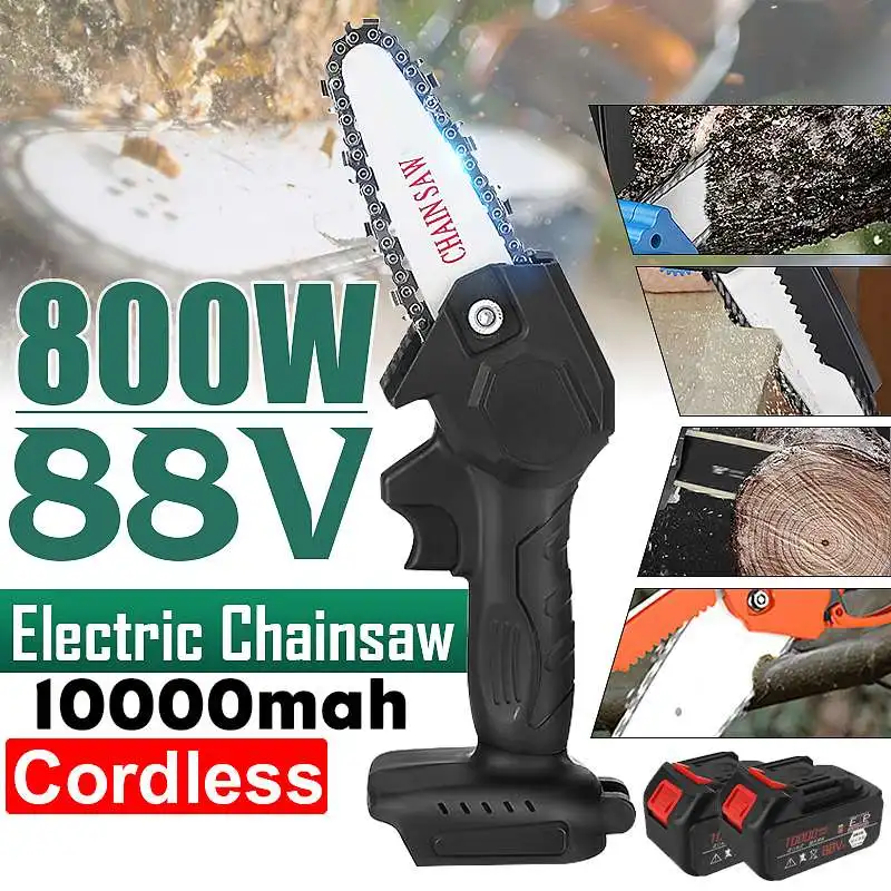 

800W 88V 4 Inch Mini Electric Chain Saw With 2PC Li-ion Battery Woodworking Pruning One-handed Garden Tool Rechargeable US Plug