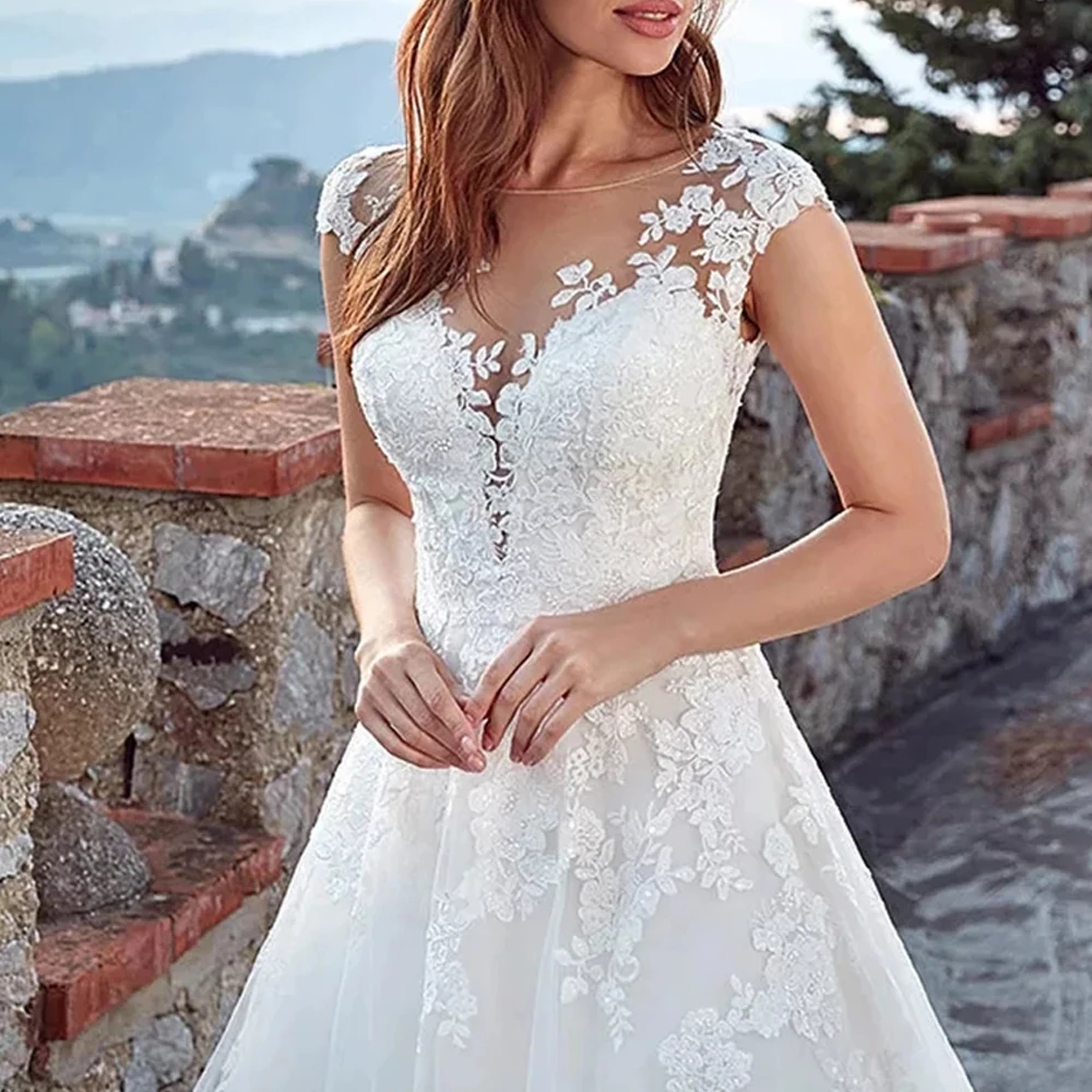 Elegant Lace A Line Wedding Dress O Neck Appliques Floor Length Formal Bride Marriage Bridal Gowns Robe De Marriee Plus Size
