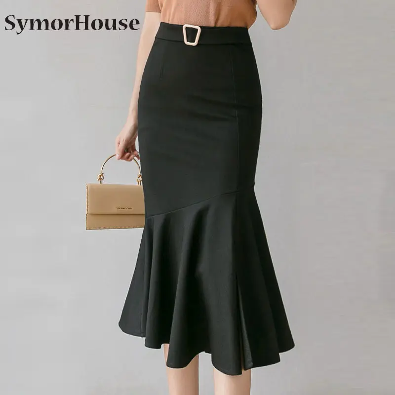 

Женская черная сексуальная юбка-Русалка размера плюс, новинка 2021, облегающая офисная юбка-карандаш с высокой талией и оборками