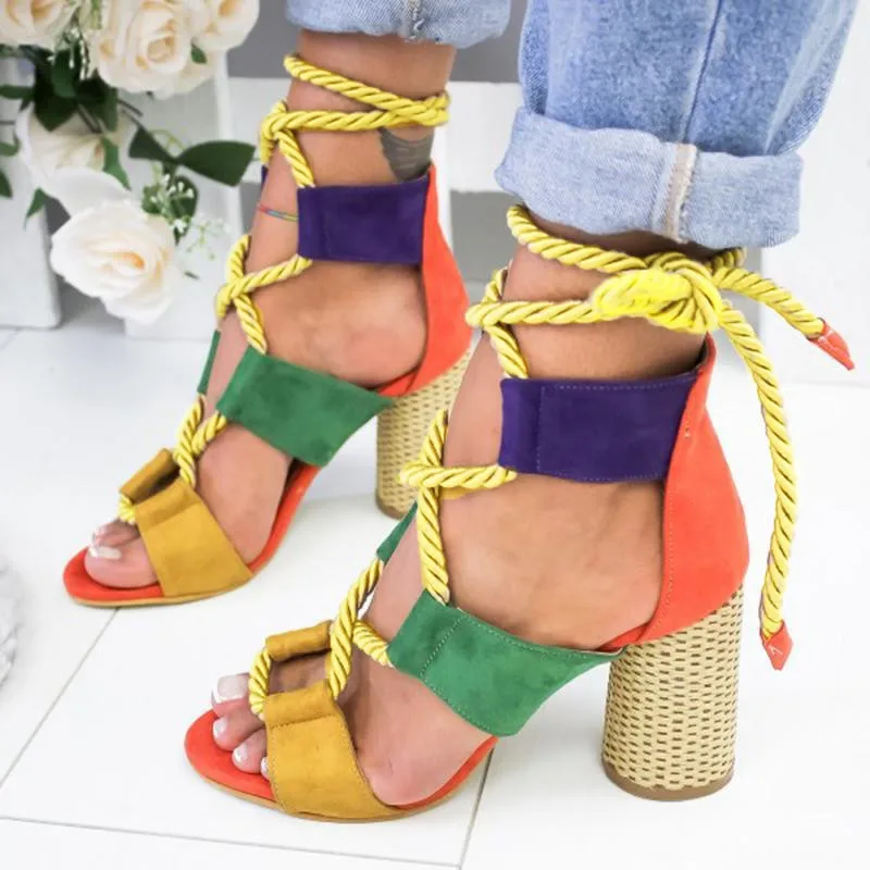 

Women Pumps Lace Up High Heels Women Gladiator Sandals For Party Wedding Shoes Woman Summer Sandals Thick Heels Chaussures Femme
