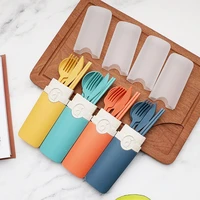 4pcs tableware sets with storage box reusable spoon fork travel wheat straw tableware cutlery set with carrying box for student