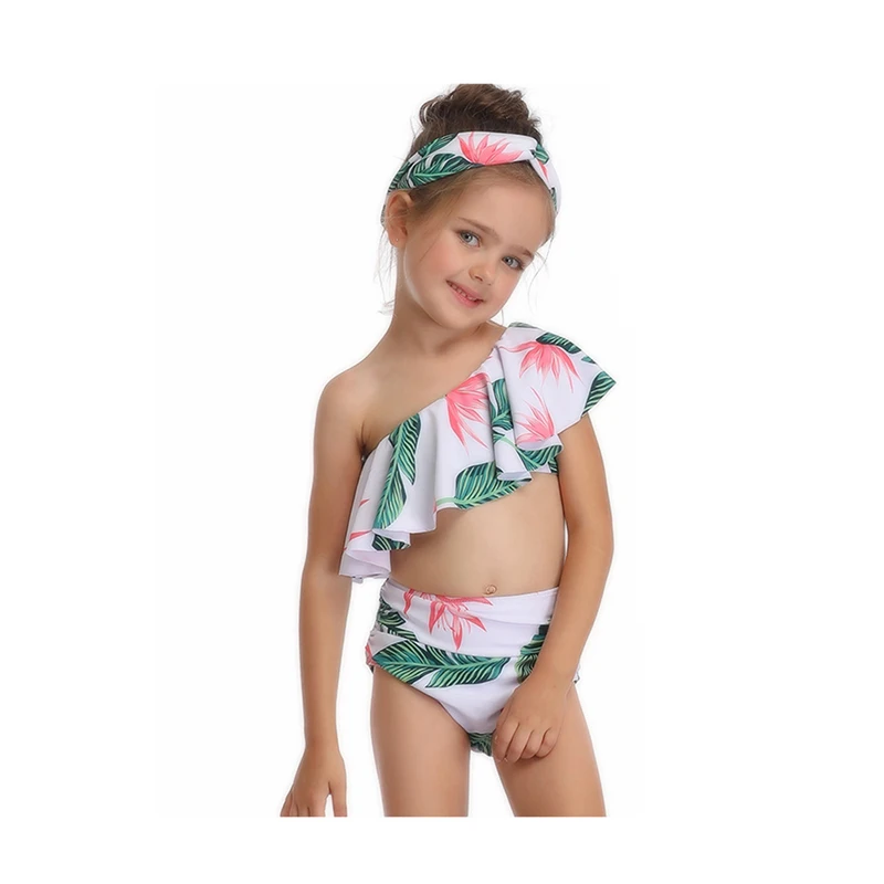 

2-12 Years Girl Swimsuit Kids Swimwear Teenage baby Bikini Top One Shoulder Bathing Suit Falbala Children's seaside swimming Hot