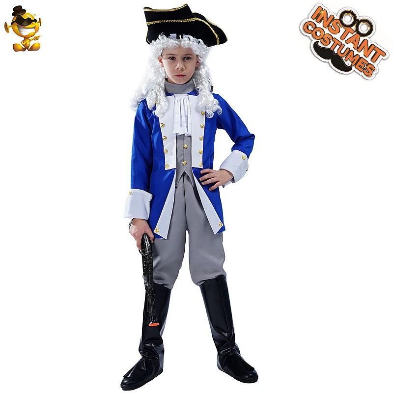 

Children Colonial King Boys Aristocrat Revolutionary War Costumes with Blue Jacket Pants Hat Boot Cover Halloween Cosplay Outfit