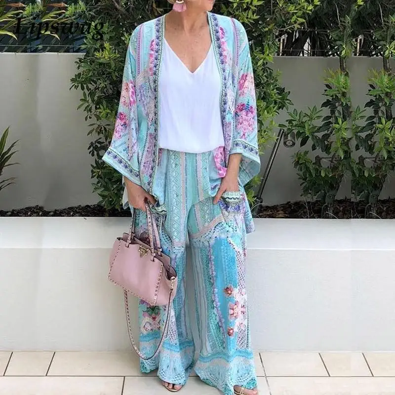 

Женский Повседневный костюм из двух предметов, Кардиган с длинным рукавом и широкие брюки с принтом в стиле Харадзюку, костюм для отдыха на ...