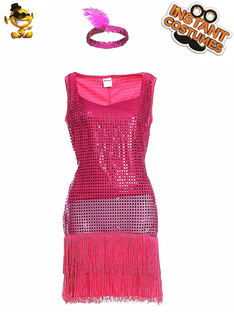 

DSPLAY Adult Sexy Pink Flapper Deluxe Outfits Ain't Misbehavin' Flapper Party Costume Original Woman Dancer Tassel Fancy Dress