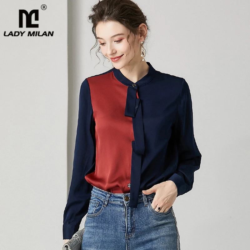 100% чистый шелк Женские Подиумные рубашки с круглым вырезом на шнуровке бантом