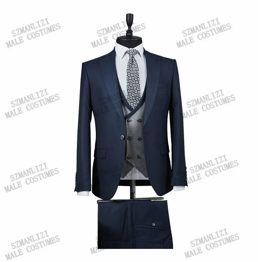 

2021 Costume Homme Navy Blue Wedding Suits For Men Groom Tuxedo Peaked Lapel Trajes De Hombre Blazer Terno Masculino Mens Suits