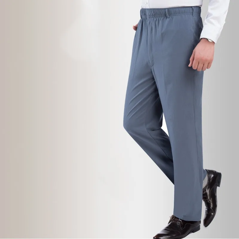 Мужские летние шелковые брюки среднего возраста Длинные свободные повседневные