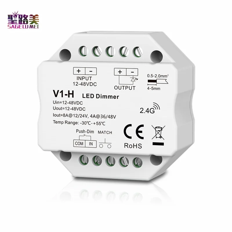 V1-H 12-48VDC 24V 36V 96W/192W/144W/192W  Single Color LED Dimmer Step-less dimming /Push Dim Controller For  LED strip Light