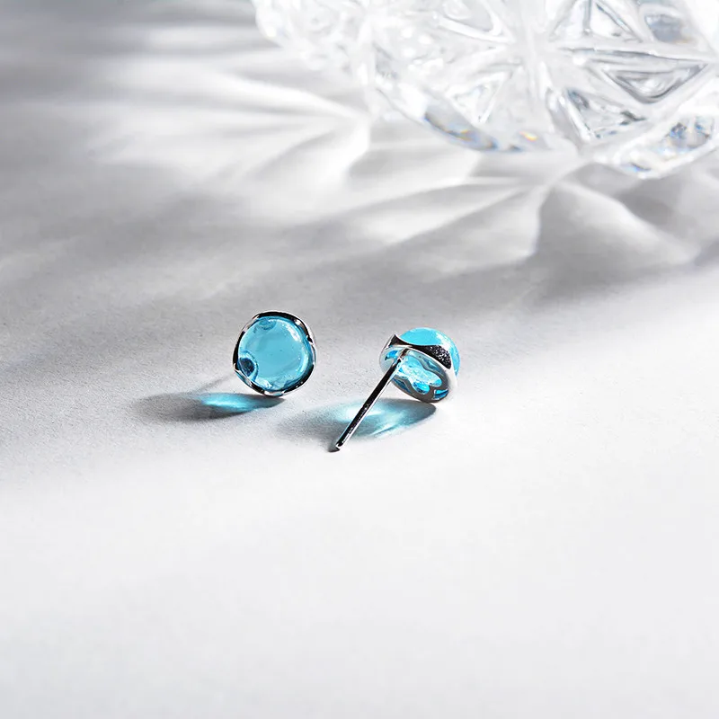 Jellystory Round Blue Crystal Stud Earrings for Women 925 Sterling Silver Fashion Jewellery Wedding Party Gift Wholesale Earring