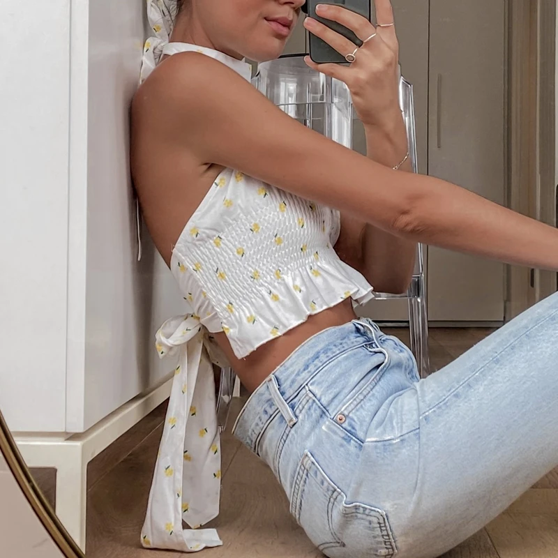 

Y2K Summer Beach Boho Corset Bustier Cropped Sexy Backless Bandage Halter Top Club Party Outfits Women Sleeveless Mini Vest