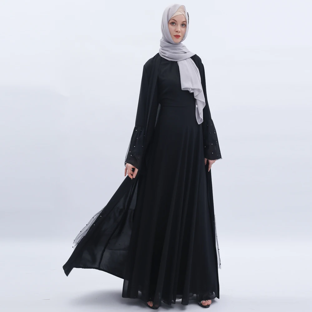 

New Fashion Bead Mesh Stitching Abaya Muslim Women's Ramadan Long Dress Arab Cardigan Islamic Maxi Kaftan Turkey Loose Robe
