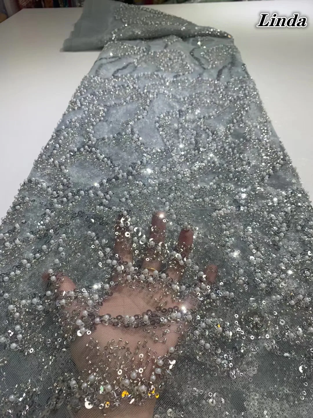 

Linda 2021 Luxury Handmade Embroidery Sequence Beaded Lace High Quality Africa French Tulle Sequins Lace Fabric for Party
