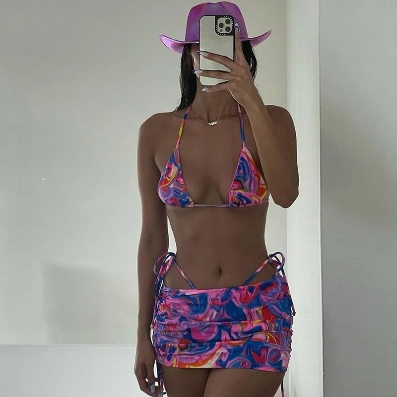

Sleeveless Bandage Halter Print Two Piece Sets Bikini Tops+Skirt Summer Vacation Bikini Skirts Set Vacation Beachwear Outfits