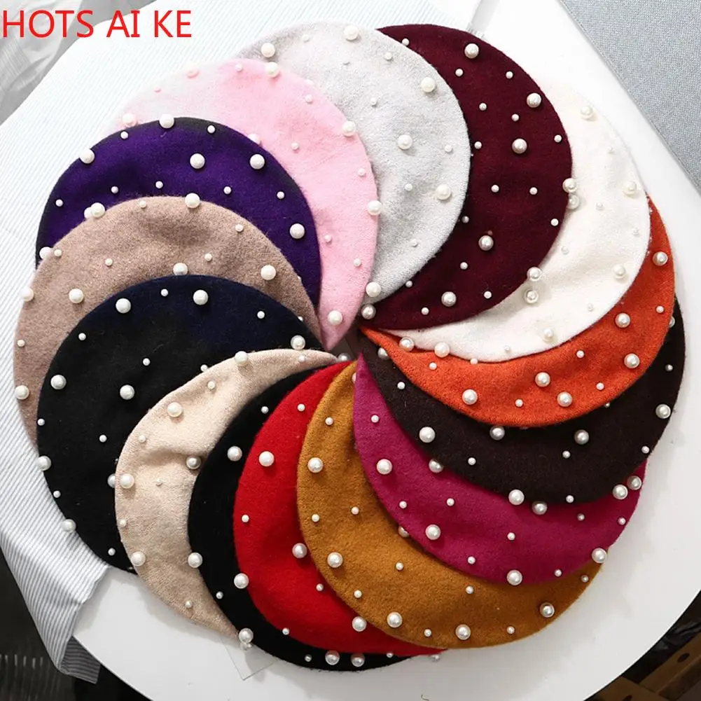 

Fashion Women Autumn Winter Solid Color Faux Pearl Beret Hat Warm Painter Cap