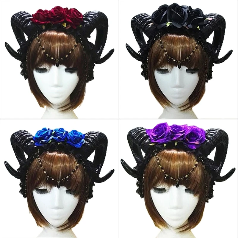 

Gothic Mystical Sheep Horn Headband Rose Flower Jewelry Pendant Chain Hair Hoop