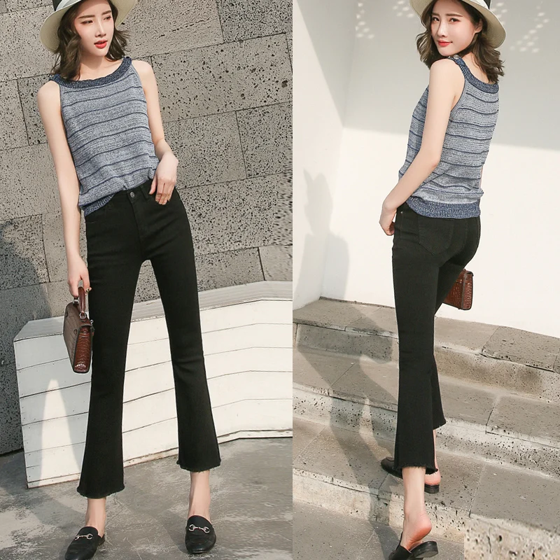 

Qiu dong season new female nine minutes of pants elastic tight jeans show thin high han edition of tall waist flares black femal