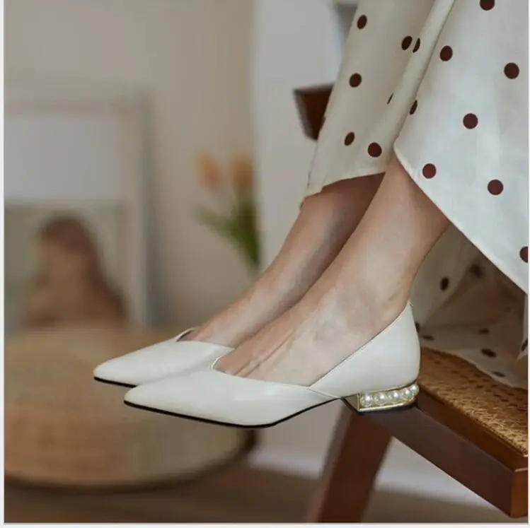 

Fashion Female Pearls Heels Single Shoes Spring Suede Leather Women Ladies Office Pumps Pointed Toe V Mouth Slip On Work Shoes