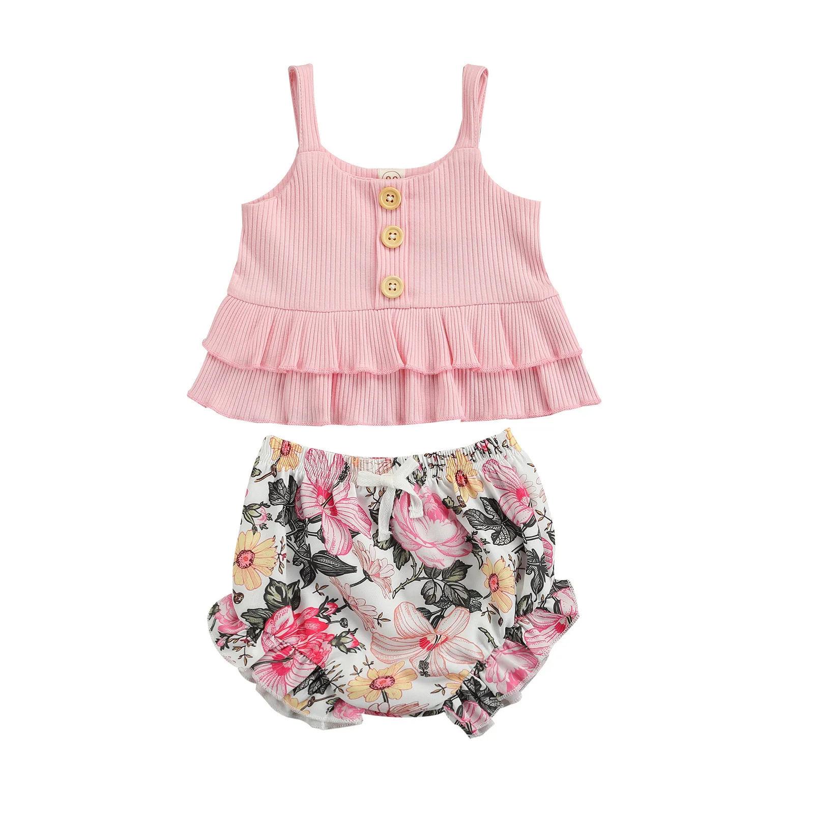 

Baby Kids Girls Two Piece Summer Outfits Sleeveless Button Ruffle Tank Tops Floral Shorts Infant Toddler Children Sets 6M-4T